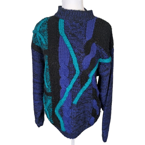 City Streets Other - Vintage 80s City Streets Purple Aqua Black Cable Knit Sweater Small Retro Mock